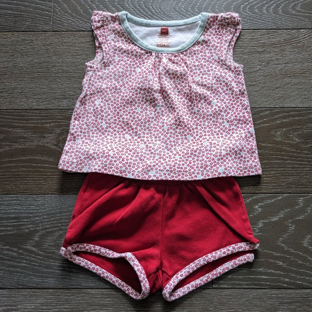 3/$15 - Tea Collection Floral Shirt with Red Shorts Size 6-12 Months